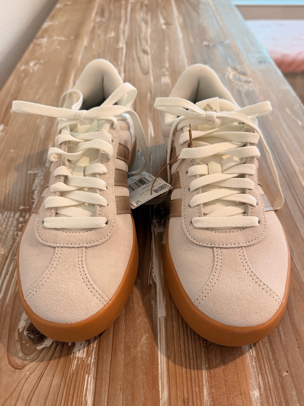 adidas VL Court 3.0 Suede Sneakers Beige Taupe Gold Metallic Stripes (Size 8) - Picture 2 of 10